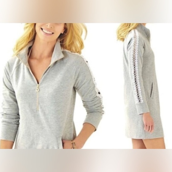 Lilly Pulitzer Skipper Solid Popover Dress Heathered Seaside Grey Lace Size XS - Picture 1 of 15